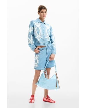 Desigual Embroidered Denim Bermuda, Cotton - Blue