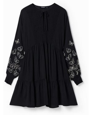 Desigual Vestido Corto Túnica Mariposas - Negro