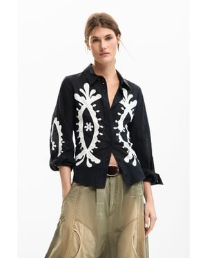 Desigual Embroidered Balloon Sleeve Shirt, Cotton - Black