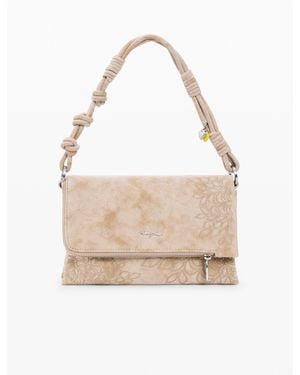 Desigual Medium Bag With Embroidered Flap, Polyurethane - Natural