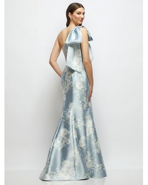 Alfred Sung Bow One-Shoulder Satin Floral Maxi Dress With Trumpet Skirt - Blue