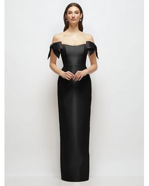 Alfred Sung Basque-Neck Satin Column Maxi Dress With Off-The-Shoulder Bows - White