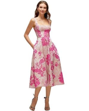 The Dessy Group Hibiscus Square Neck Floral Jacquard Midi Dress - Pink