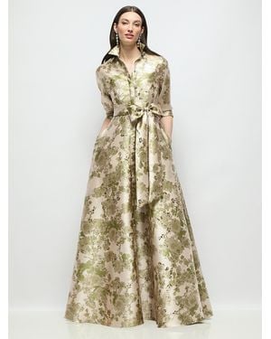After Six Abstract Floral Jacquard Shirt Dress Gown With Sash & Jeweled Buttons - White