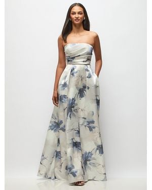 Alfred Sung Strapless Hand-Pleated Bodice Floral Satin Maxi Dress With Full Pleated Skirt - White
