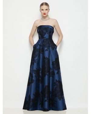 Alfred Sung Strapless Bias Cuff Bodice Flocked Floral Satin Dress - Blue