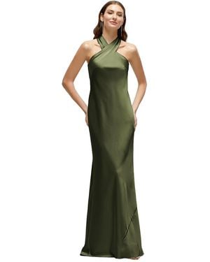 After Six Pleated Halter Bias Satin Maxi Dress With Self-Tie Bow Back - Green