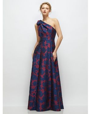 Alfred Sung Bow One-Shoulder Full A-Line Heritage Floral Jacquard Maxi Dress - Blue