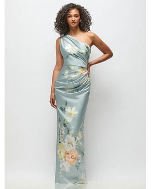 After Six One-Shoulder Draped Bodice Painterly Floral Stretch Satin Column Maxi Dress - Blue