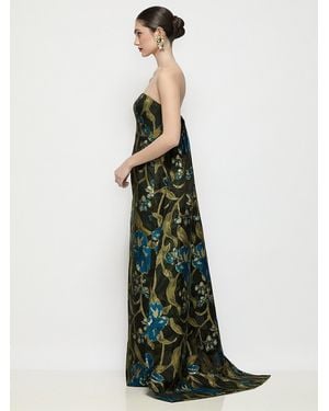 Alfred Sung Strapless Floral Organza Jaquard Column Dress With Removable Watteau Train - Green