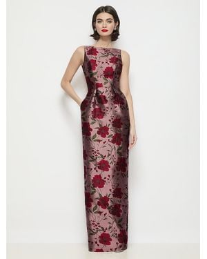 Alfred Sung Bateau Neck Wild Rose Brocade Floral Maxi Dress With Pleated Column Skirt - Multicolor