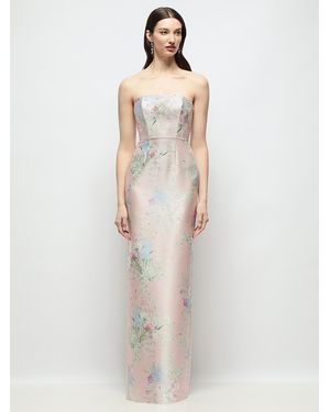 Alfred Sung Strapless Esme Floral Satin Column Dress With Back Slit - White