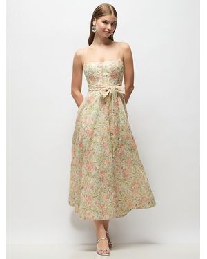 The Dessy Group Floral Re-Embroidered Voile Boned Corset Midi Dress With Sash - Natural