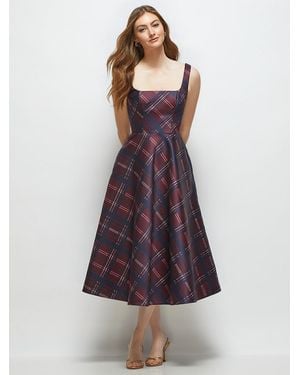 The Dessy Group Square Neck Alba Tartan Satin Midi Dress - Purple