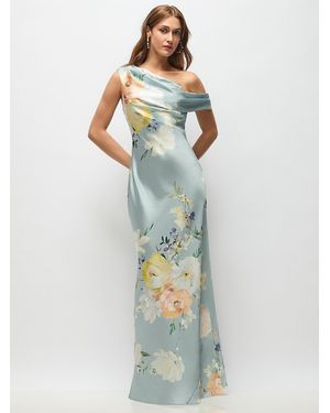 After Six Draped One-Shoulder Bias Painterly Floral Stretch Satin Maxi Dress - Blue