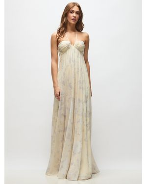 The Dessy Group Empire Waist Floral Chiffon Halter Maxi Dress With Convertible Spaghetti Straps - Natural