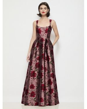 Alfred Sung Shaped Strap Basque Neck Wild Rose Brocade Maxi Dress With Pleated Skirt - Red