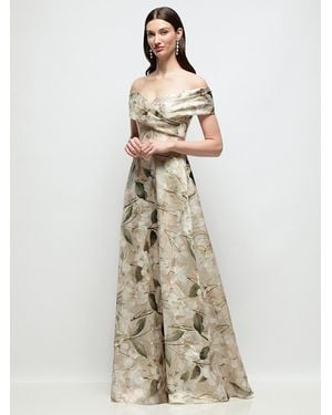 The Dessy Group Off-Shoulder Wrap Floral Metallic Organza Jacquard Maxi Dress With Full Skirt - Natural