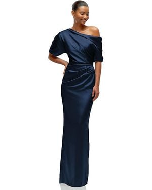 After Six Asymmetrical Off-The-Shoulder Pleated Satin Maxi Dress - Blue