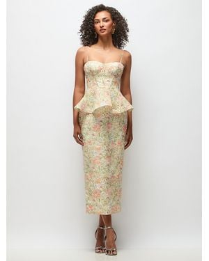 The Dessy Group Floral Re-Embroidered Voile Bustier Midi Dress With Peplum Over Column Skirt - Natural