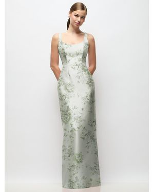 Alfred Sung Scoop Neck Floral Satin Column Maxi Dress - White