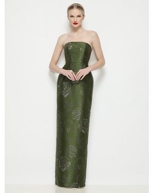 Alfred Sung Strapless Embossed Gilt Floral Satin Column Dress With Back Slit - Green