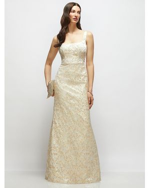 The Dessy Group Champagne Floral Brocade Square Neck Maxi Dress With Trumpet Skirt - Natural
