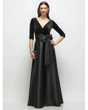 After Six 3/4 Sleeve Wrap Bodice Full Skirt Velvet And Satin Dress With Sash - Black