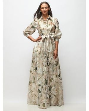 After Six Floral Metallic Organza Jacquard Shirt Dress With Full Maxi Skirt & Sash - Natural