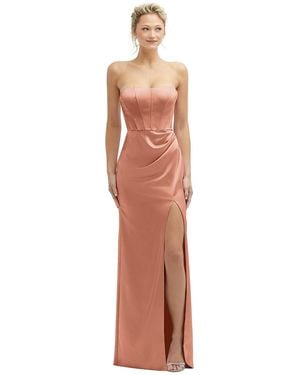 After Six Strapless Topstitched Corset Satin Maxi Dress With Draped Column Skirt - White