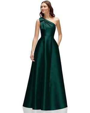 Alfred Sung Bow One-Shoulder Full A-Line Satin Maxi Dress - Green