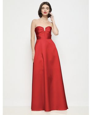The Dessy Group Strapless Pleated U-Wire Satin Maxi Dress With Semi Circle Skirt - Red