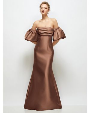 Alfred Sung Off-The-Shoulder Puff Sleeve Satin Maxi Dress With Flared Skirt - Brown
