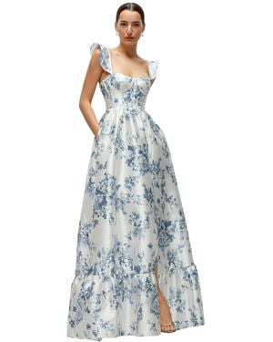 The Dessy Group Floral Satin Corset Maxi Dress With Ruffle Straps & Skirt - Blue