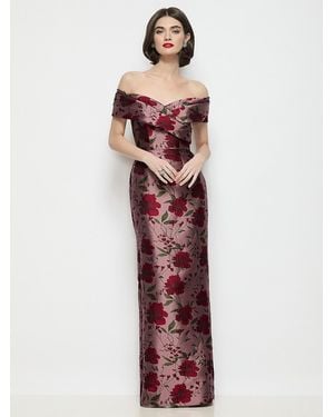 Alfred Sung Draped Wrap Off-The-Shoulder Wild Rose Brocade Column Maxi Dress - Multicolor