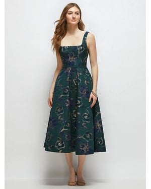 The Dessy Group Square Neck Oscar Metallic Floral Jacquard Midi Dress - Blue