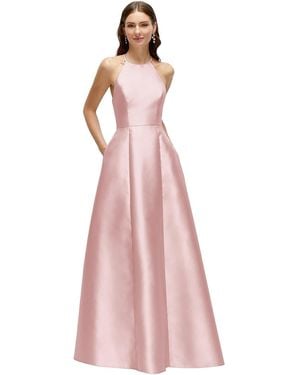 Alfred Sung Jewel Neck Halter Full A-Line Satin Maxi Dress - Pink