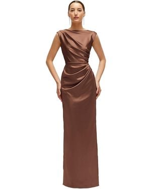 After Six High Neck Sleeveless Cap Shoulder Satin Maxi Dress - Brown