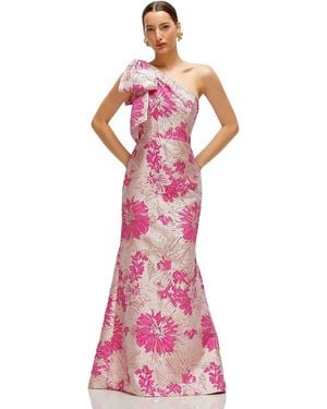Alfred Sung Hibiscus Bow One-Shoulder Floral Jacquard Maxi Dress With Trumpet Skirt - Pink