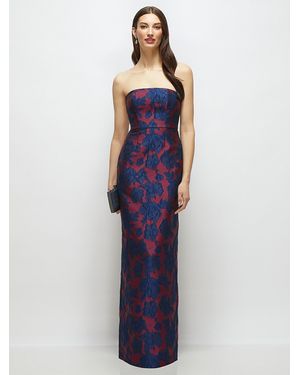 Alfred Sung Strapless Heritage Floral Jacquard Column Dress With Back Slit - Blue