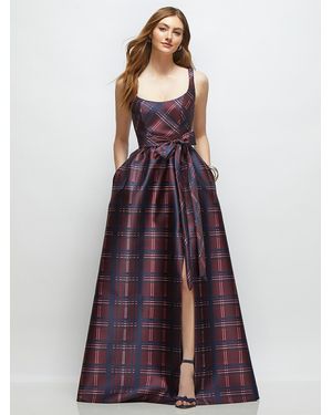 The Dessy Group Scoop-Neck Tank Bodice Alba Tartan Satin Maxi Dress With Full Skirt - Purple