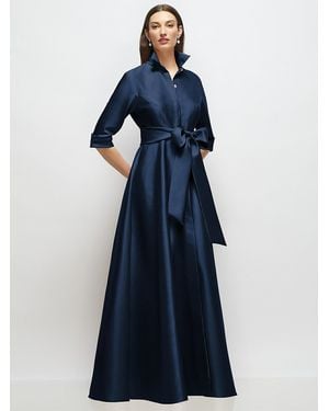 After Six 3/4 Sleeve Satin Shirt Dress Gown With Sash And Jeweled Buttons - Blue