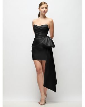 The Dessy Group Strapless Pleated Draped Satin Mini Dress With Dramatic Long Tail Bow & Covered Buttons - Black