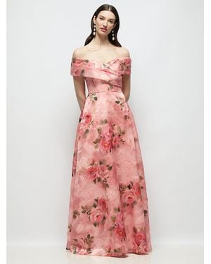 The Dessy Group Off-Shoulder Wrap Organza Jacquard Floral Maxi Dress With Full Skirt - Red