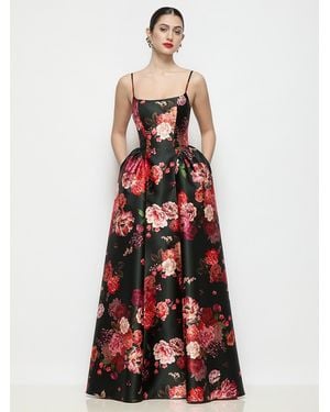 The Dessy Group Scoop Neck Drop Basque Skirt Fleur De Villes Satin Maxi Dress With Pockets - Red