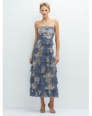 After Six Ruffle Tiered Skirt Metallic Pleated Strapless Midi Dress With Floral Foil Print - Blue