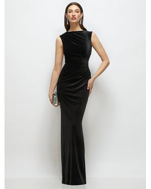 After Six High-Neck Cap Shoulder Pleated Bodice Velvet Column Maxi Dress - White