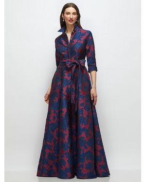 After Six Heritage Floral Jacquard Shirt Dress Gown With Sash And Jeweled Buttons - Blue