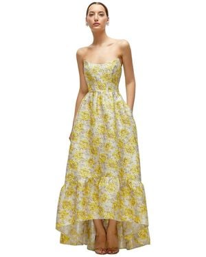 The Dessy Group Golden Strapless Cat-Eye Floral Jacquard Corset High-Low Dress With Ruffle Hem - Metallic