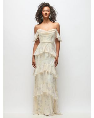 The Dessy Group Off-The-Shoulder Cowl Floral Chiffon Tiered Ruffle Maxi Dress With Convertible Ruffle Straps - White